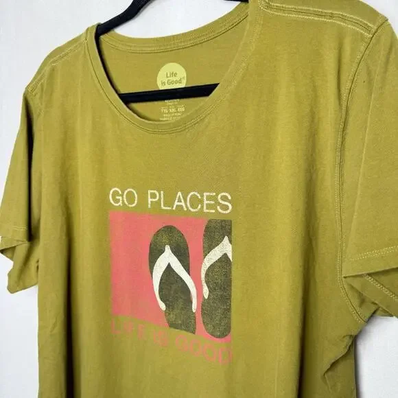 LIFE IS GOOD / olive green "Go Places" beach sandal short sleeve tee / XXL - Picture 3 of 7